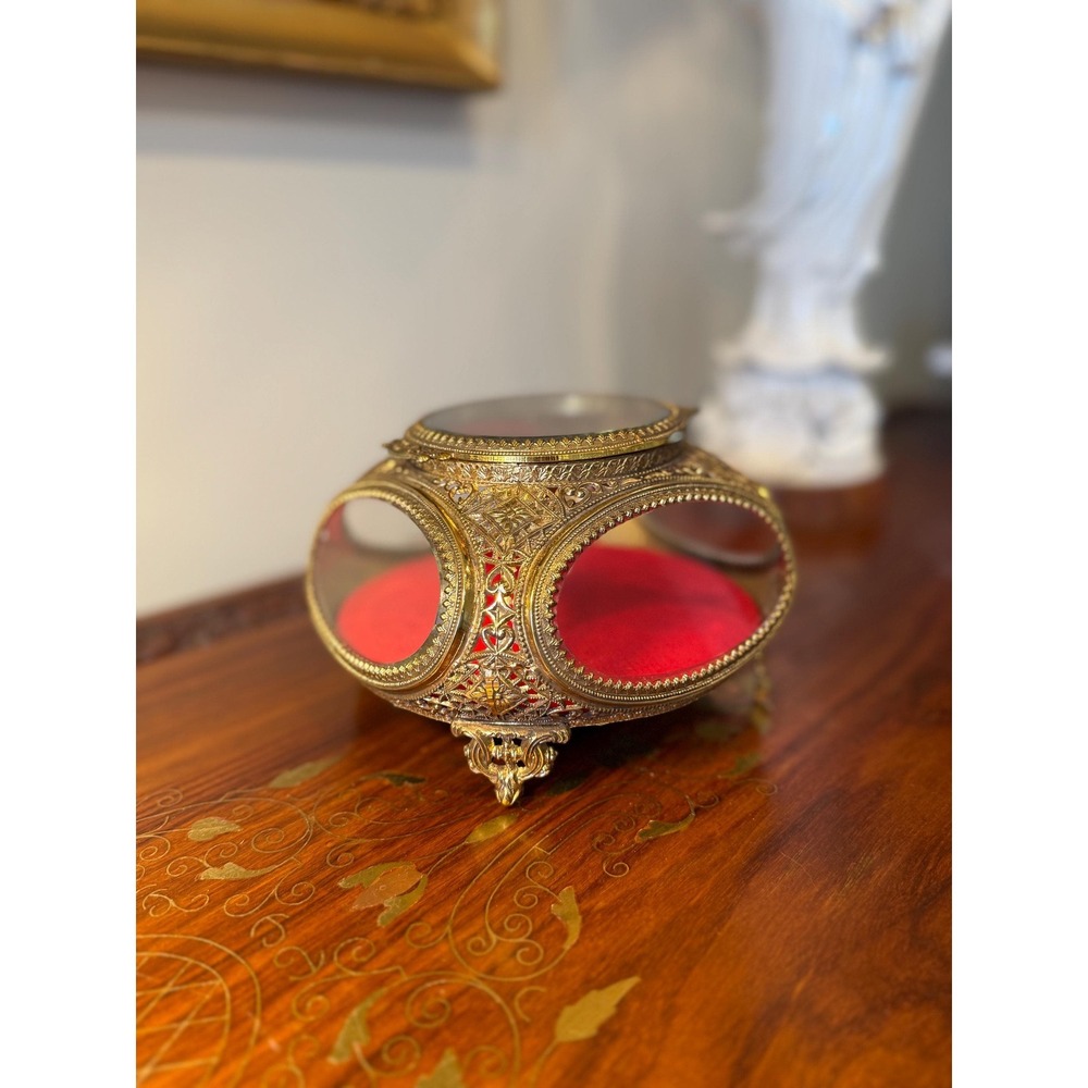Vintage Ormolu Jewelry Casket Red Velvet Beveled Glass Box - Picture 15 of 17